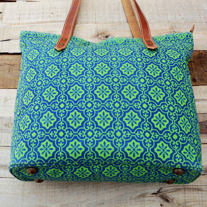 Tote bag, Turquoise laminated cotton large shopping bag