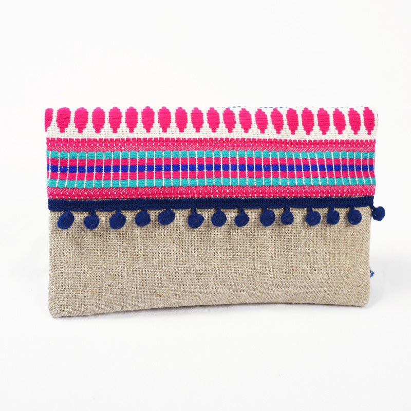 Boho linen foldover clutch, Moroccan multicolored acrylic