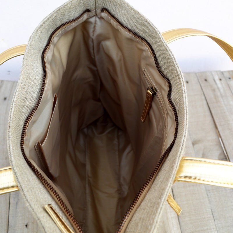 Tote bag, natural linen with gold faux leather, classic everyday bag.