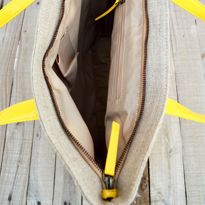 Tote bag, natural linen with yellow faux leather, classic everyday bag