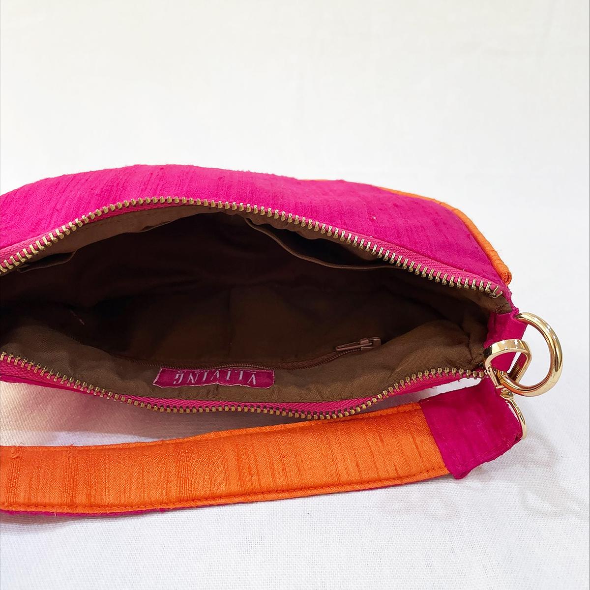 Small half moonSmall half moon crescent purse, pure silk, hot pink & tangerine colour