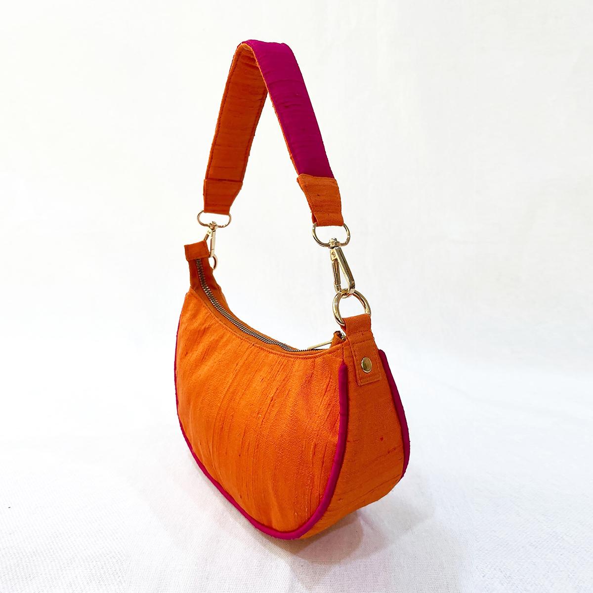 Small half moon crescent purse, pure silk, Tangerine and hot pink colour