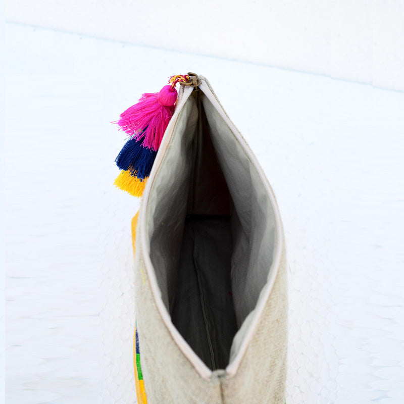 Yellow Boho pouch, colour block, linen velvet handbag, clutch bag,