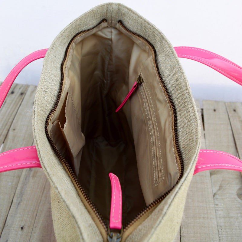 Tote bag, natural linen with hot pink faux leather, classic everyday bag