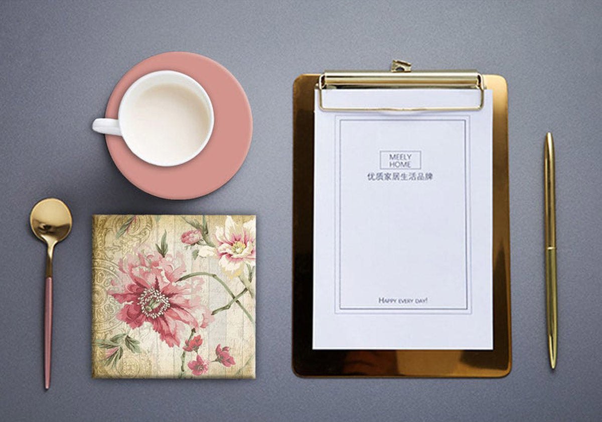 Vintage floral with wooden plank texture & script, printable coasters, set of 4 designs, 3.8"X3.8"