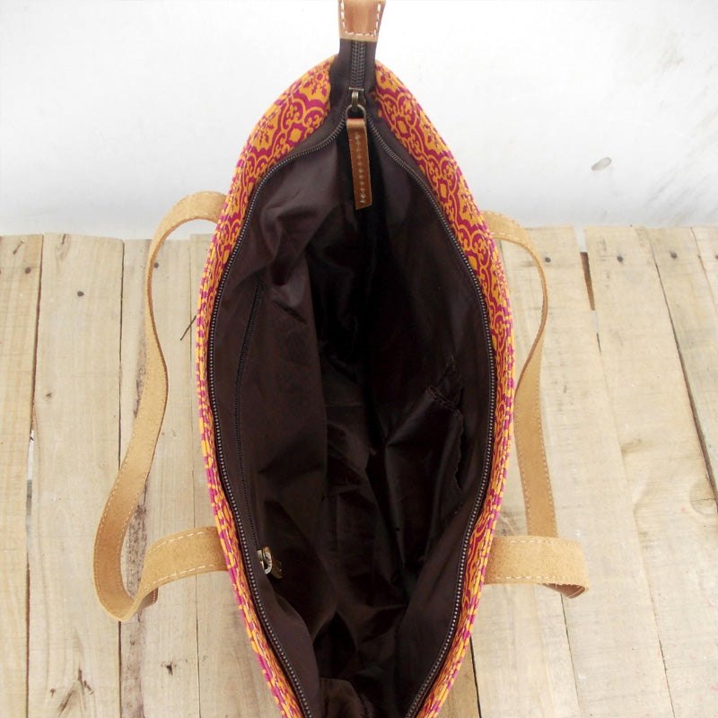 Tote bag, laminated cotton, Orange and pink bag, retro print, leather trims