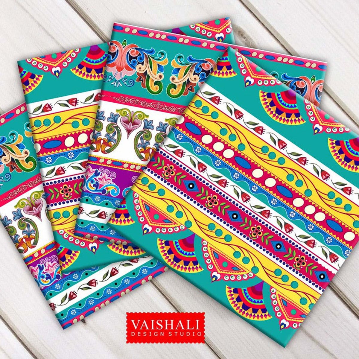 Truck art pattern, multicolored, bright & vibrant printable coasters 3.8"x3.8"