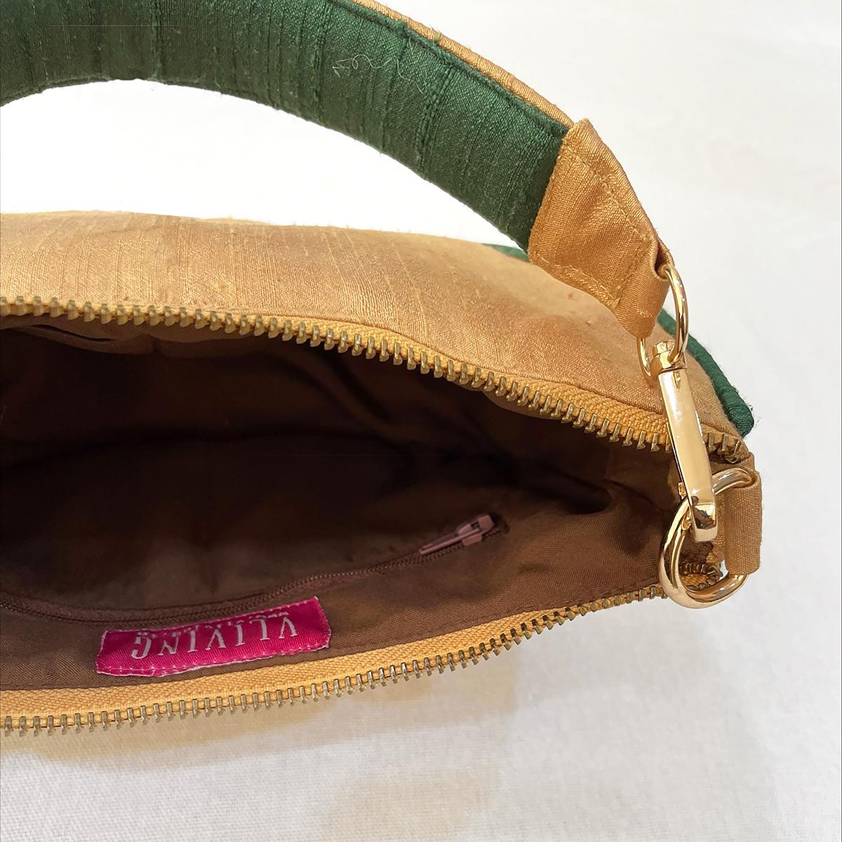 Small half moon crescent purse, pure silk, Beige & bottle green colour