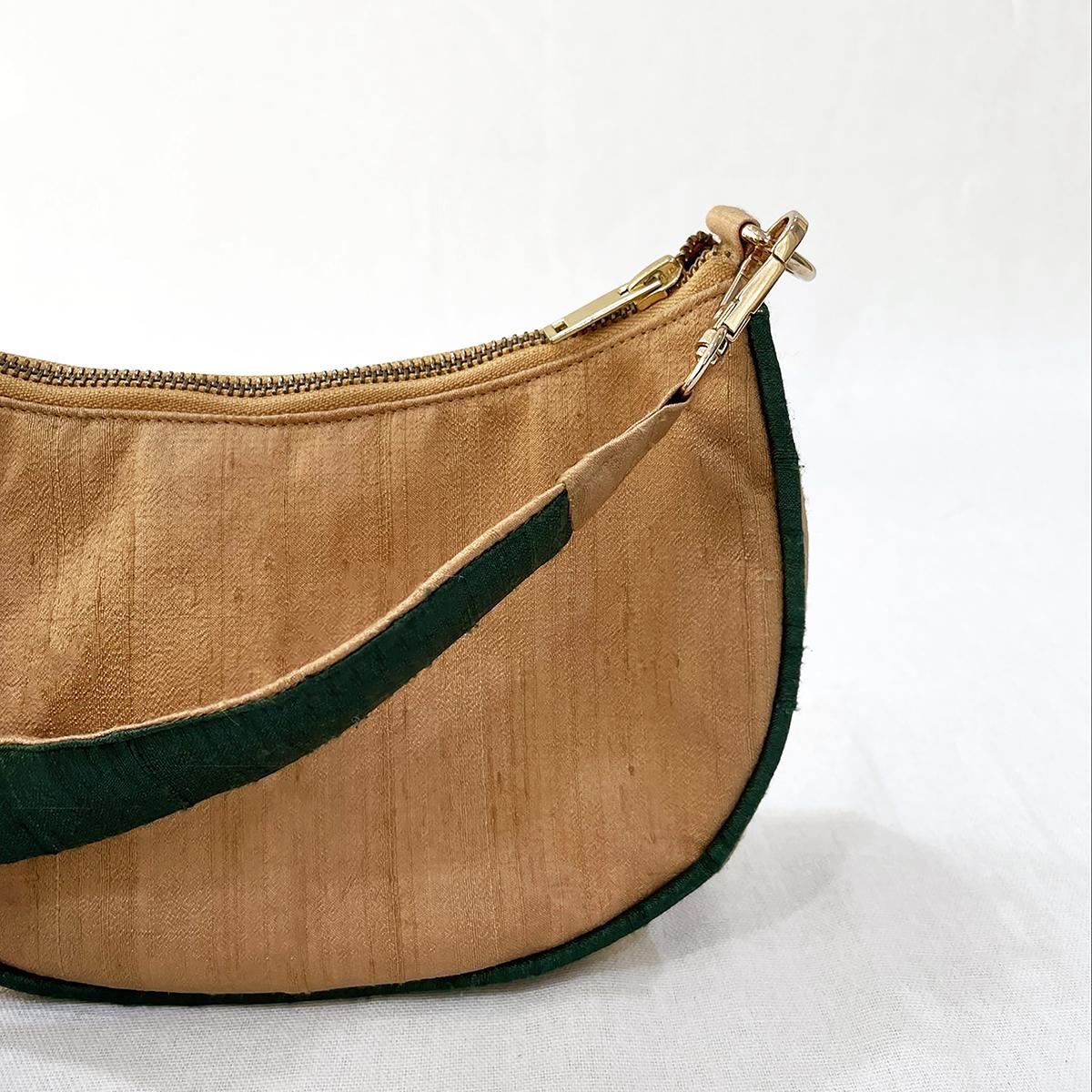 Small half moon crescent purse, pure silk, Beige & bottle green colour