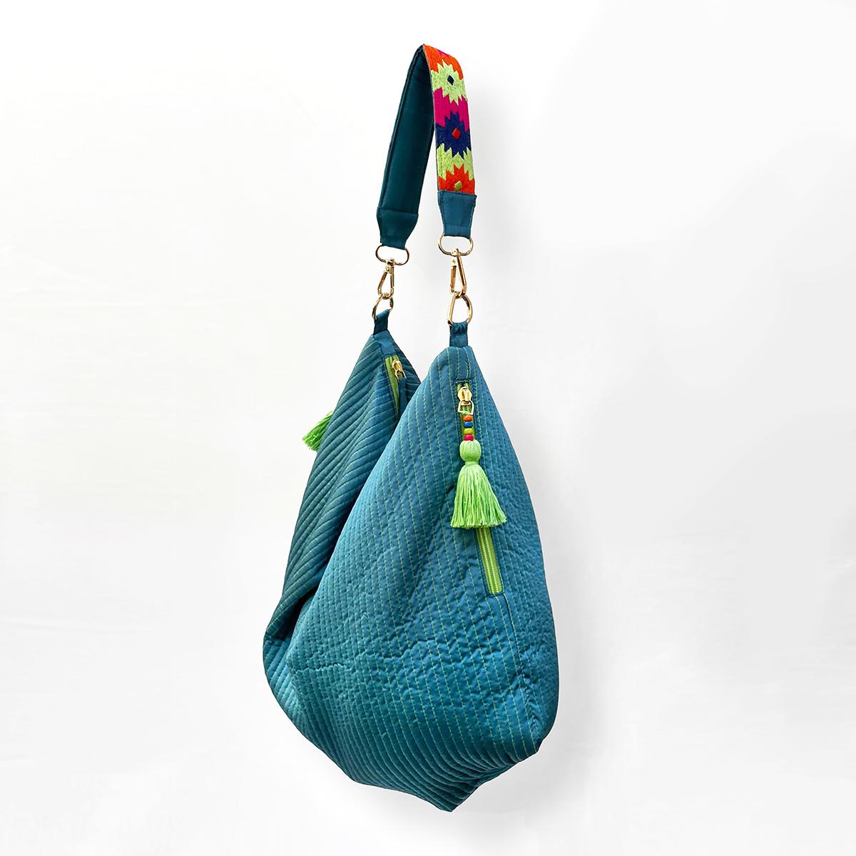 Faux Silk quilted HOBO Bag, Turquoise, hand embroidered handle, Gift for her