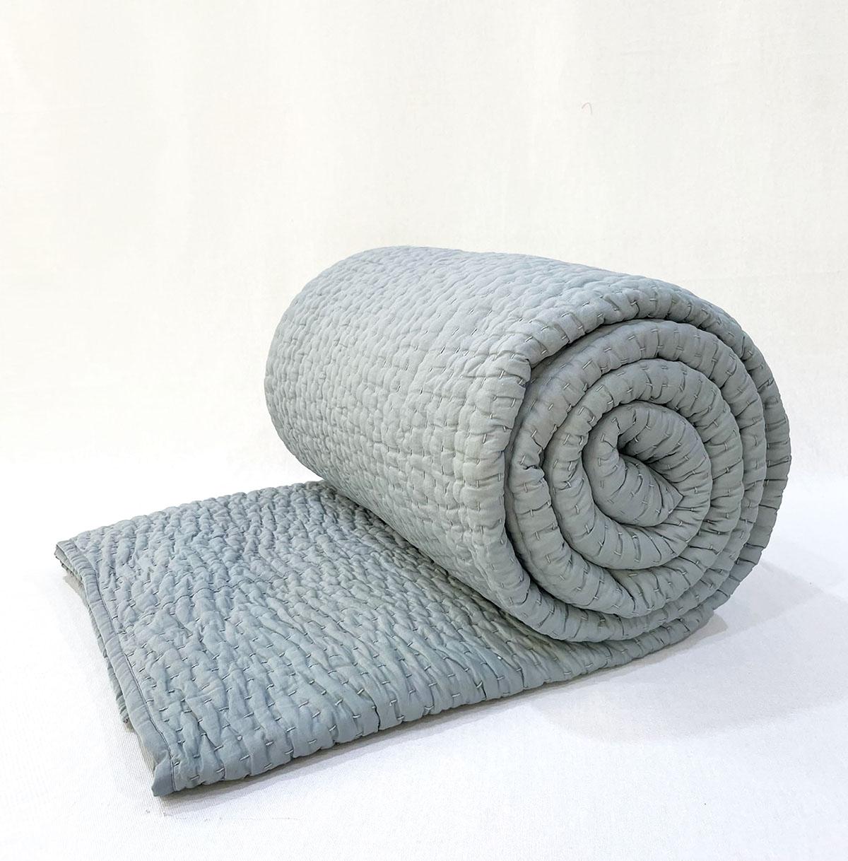 DUCK EGG colour handmade Kantha cotton Quilt with coordinated pillow cases, Sizes available