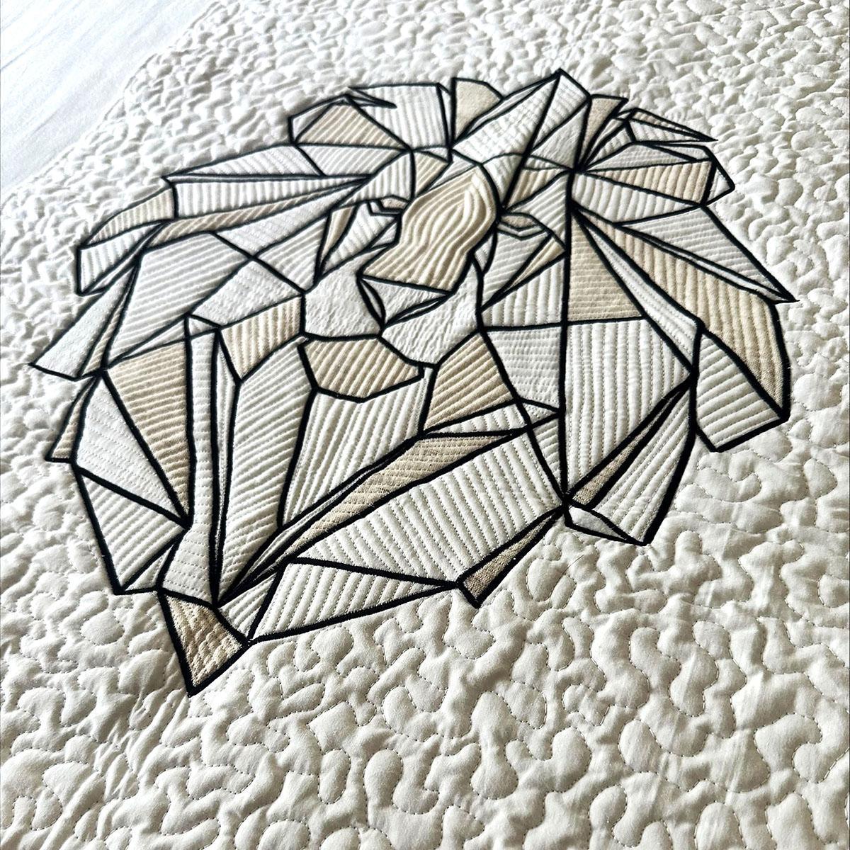 Quilted Textile WALL ART, Lion geometrical pattern, Neutral colours, 20X26 inches