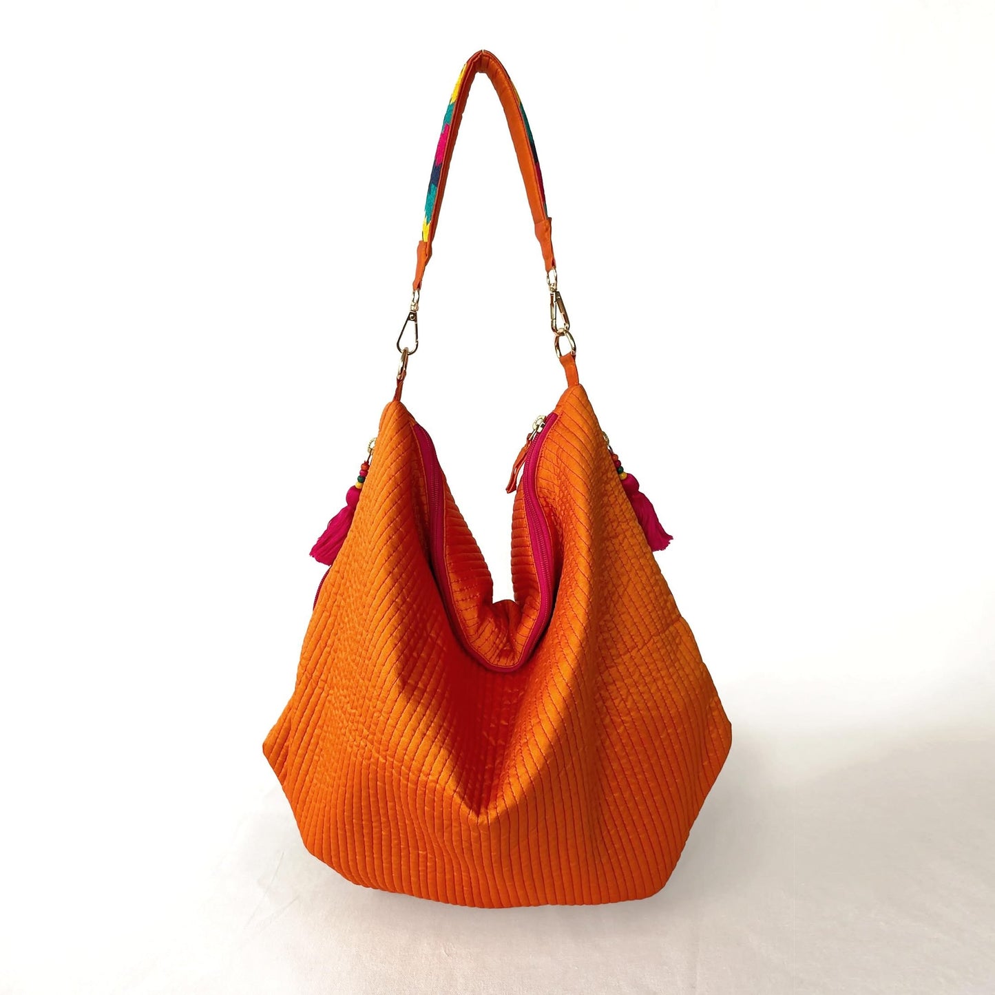 Faux Silk quilted HOBO Bag, Tangerine, hand embroidered handle, Gift for her