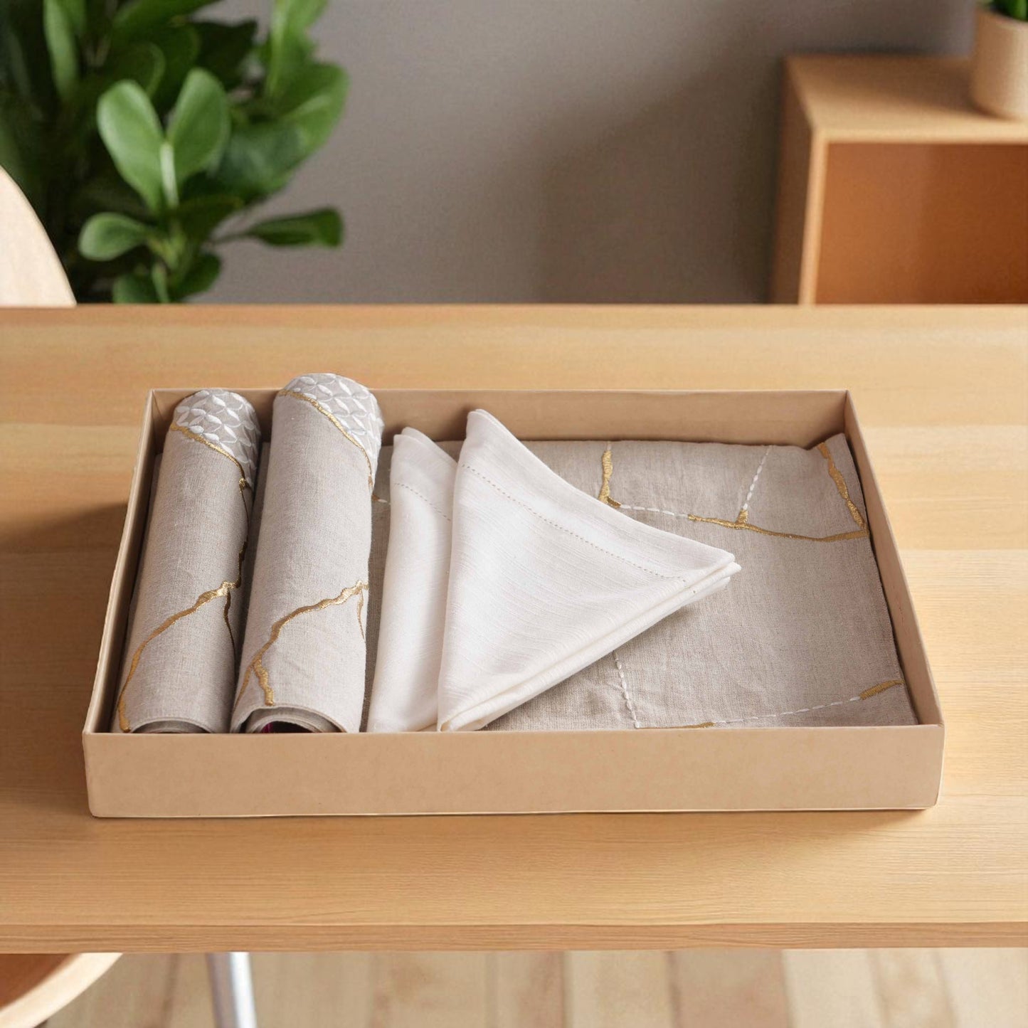 KINTSUGI Table Linen GIFT PACK - Linen and Cotton with Gold Zari and White Silk Embroidery
