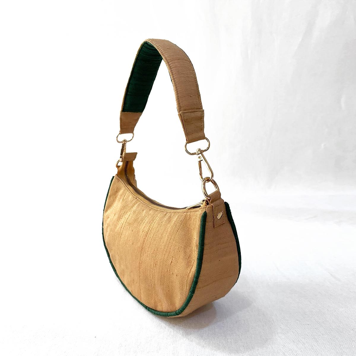 Small half moon crescent purse, pure silk, Beige & bottle green colour