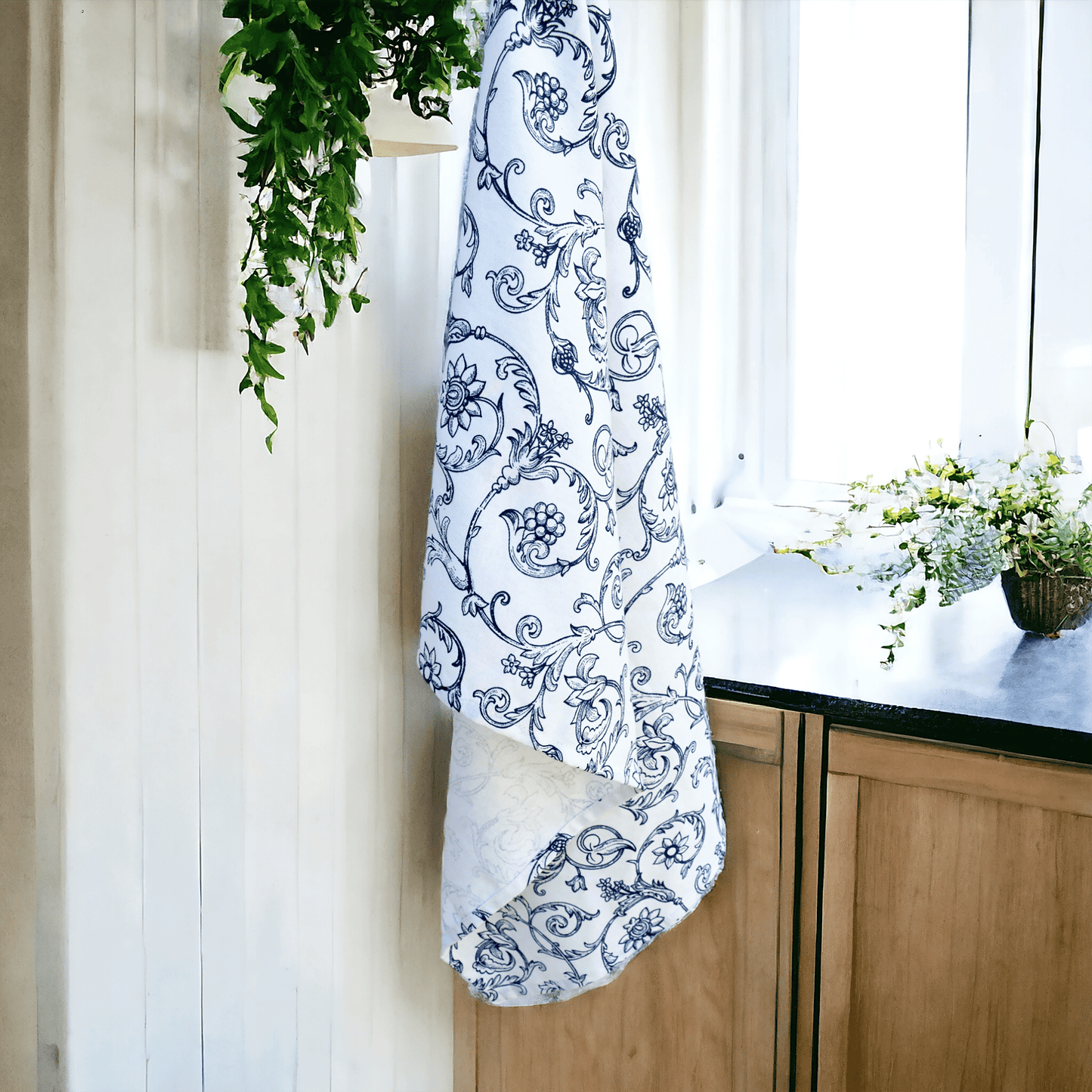 SWIRL Kitchen towel, blue swirl print on white, victorian pattern cotton kitchen towel