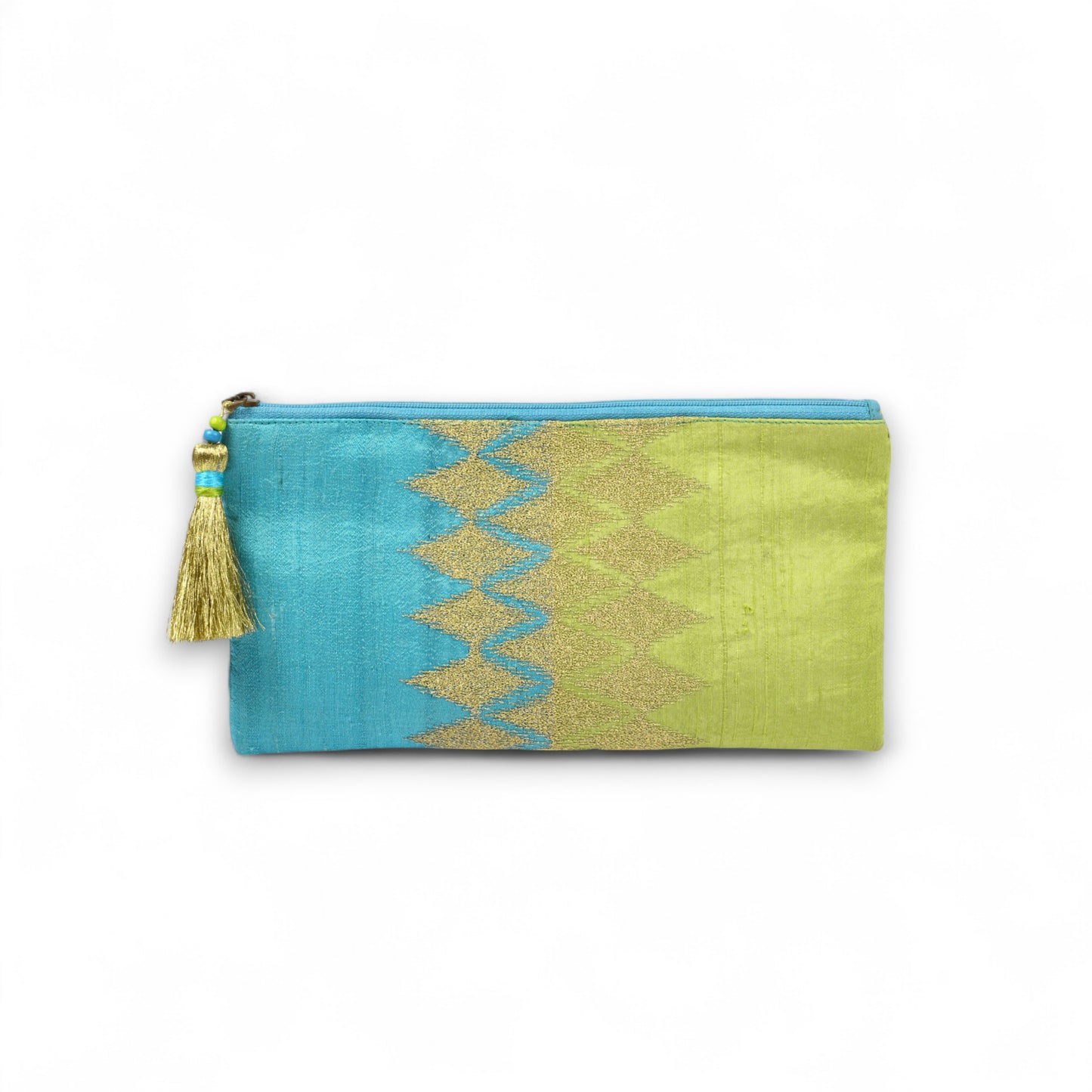 Ikat clutch - turquoise and green evening purse in pure silk with ikat like embroidery