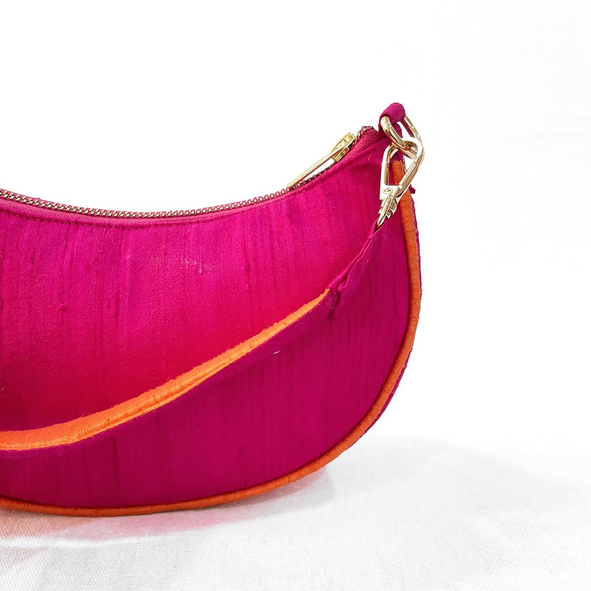 Small half moonSmall half moon crescent purse, pure silk, hot pink & tangerine colour