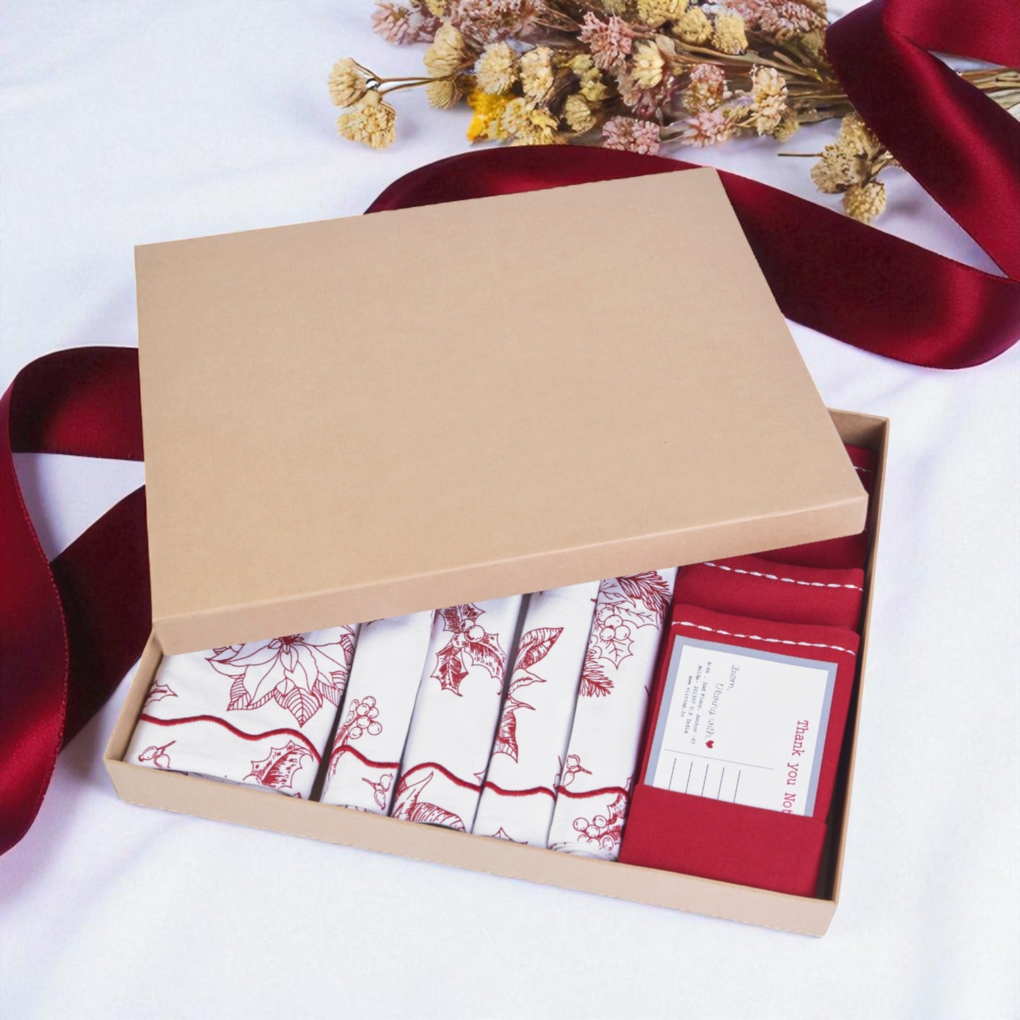 Christmas Table Linen GIFT PACK - in cotton with poinsettia print and wave embroidery