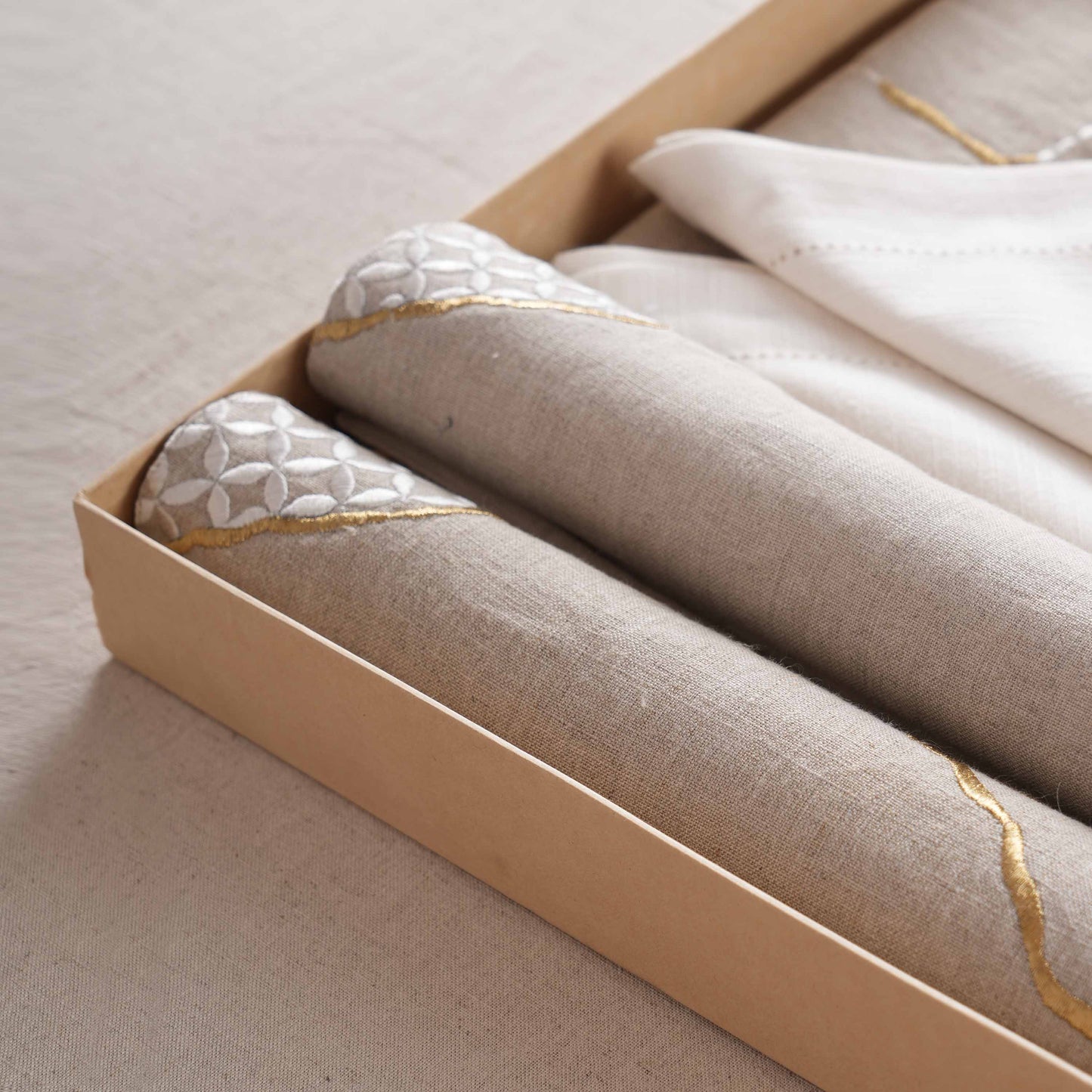 KINTSUGI Table Linen GIFT PACK - Linen and Cotton with Gold Zari and White Silk Embroidery