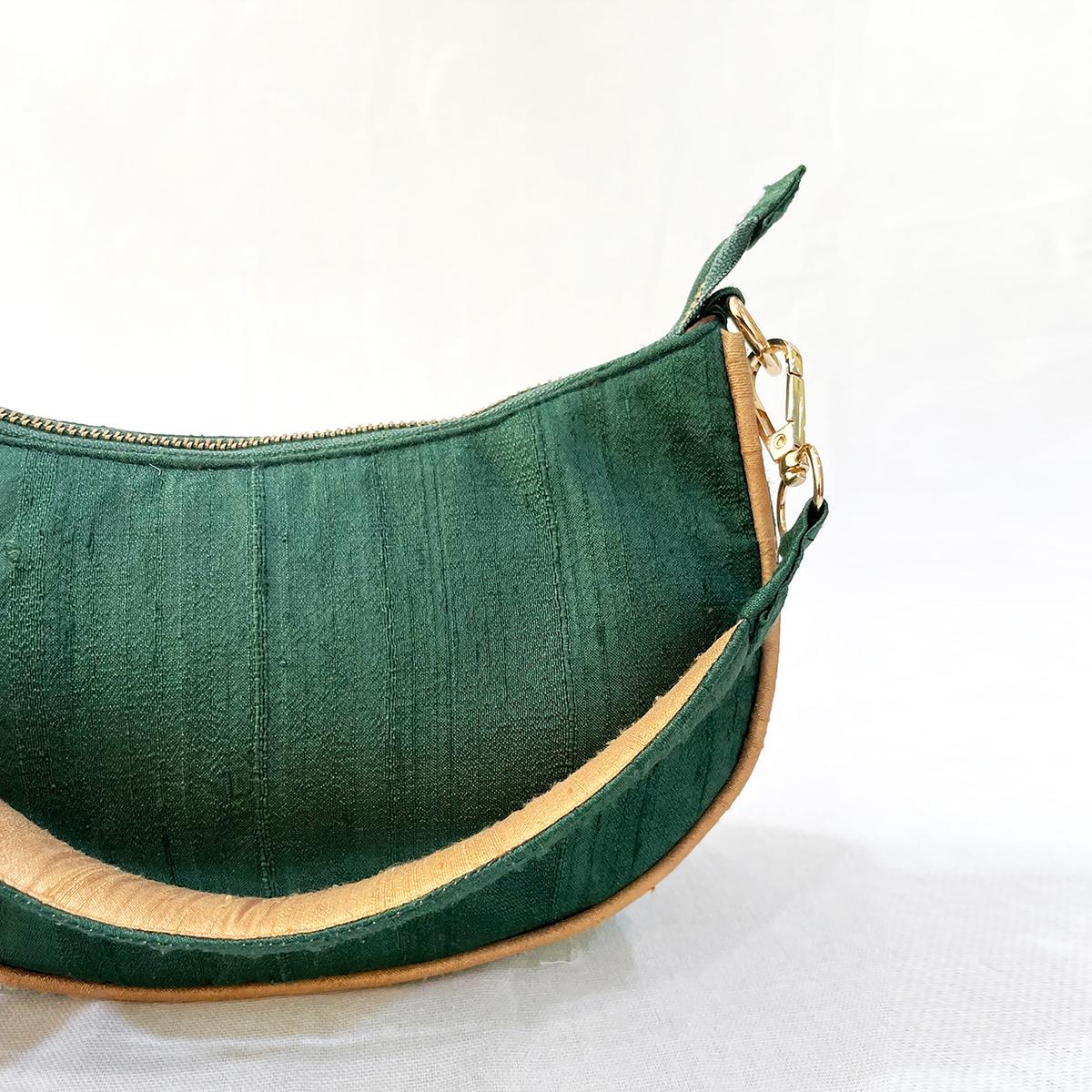 Small half moon crescent purse, pure silk, Bottle Green & Beige colour