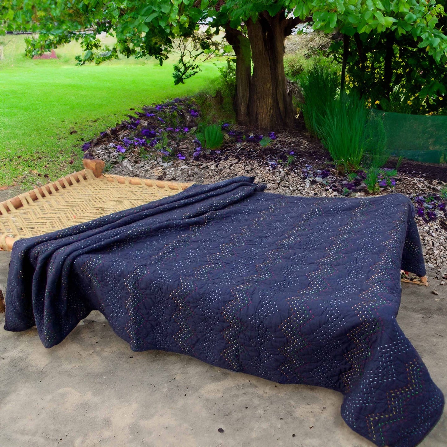 INDIGO Kantha quilt - chevron pattern quilting, sizes available