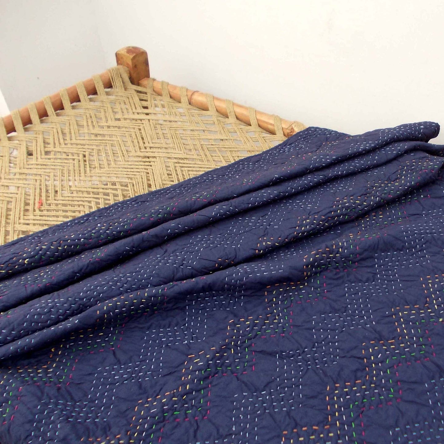 INDIGO Kantha quilt - chevron pattern quilting - Quilt set / Quilt / Pillow case available