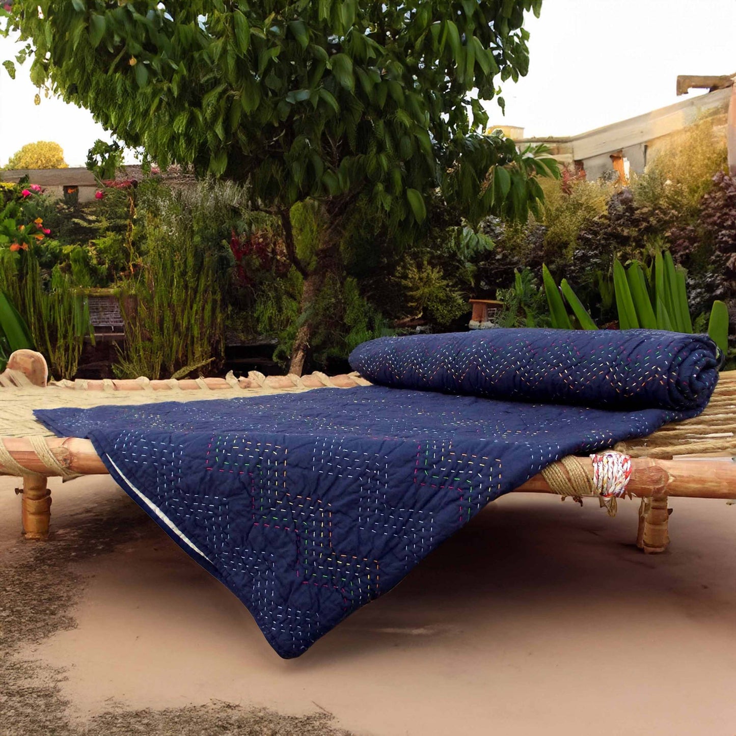 INDIGO Kantha quilt - chevron pattern quilting - Quilt set / Quilt / Pillow case available