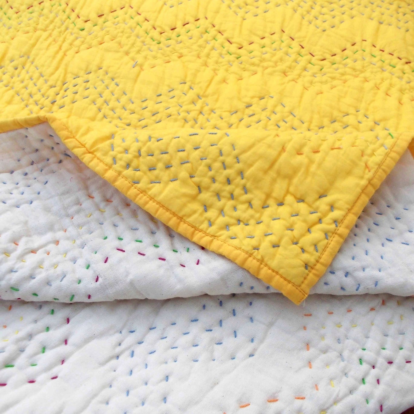 YELLOW Kantha quilt - chevron pattern quilting - Quilt set / Quilt / Pillow case available