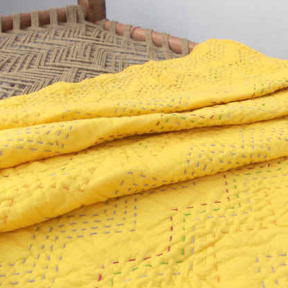 YELLOW Kantha quilt - chevron pattern quilting - Quilt set / Quilt / Pillow case available