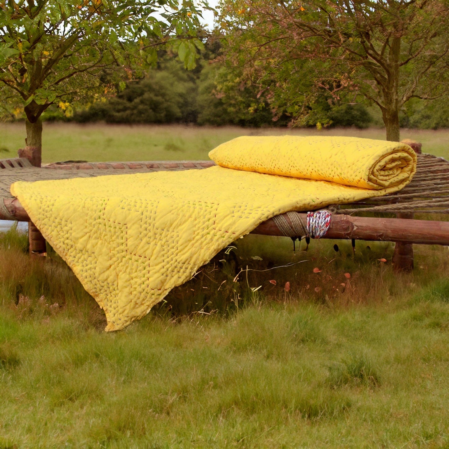 YELLOW Kantha quilt - chevron pattern quilting - Quilt set / Quilt / Pillow case available