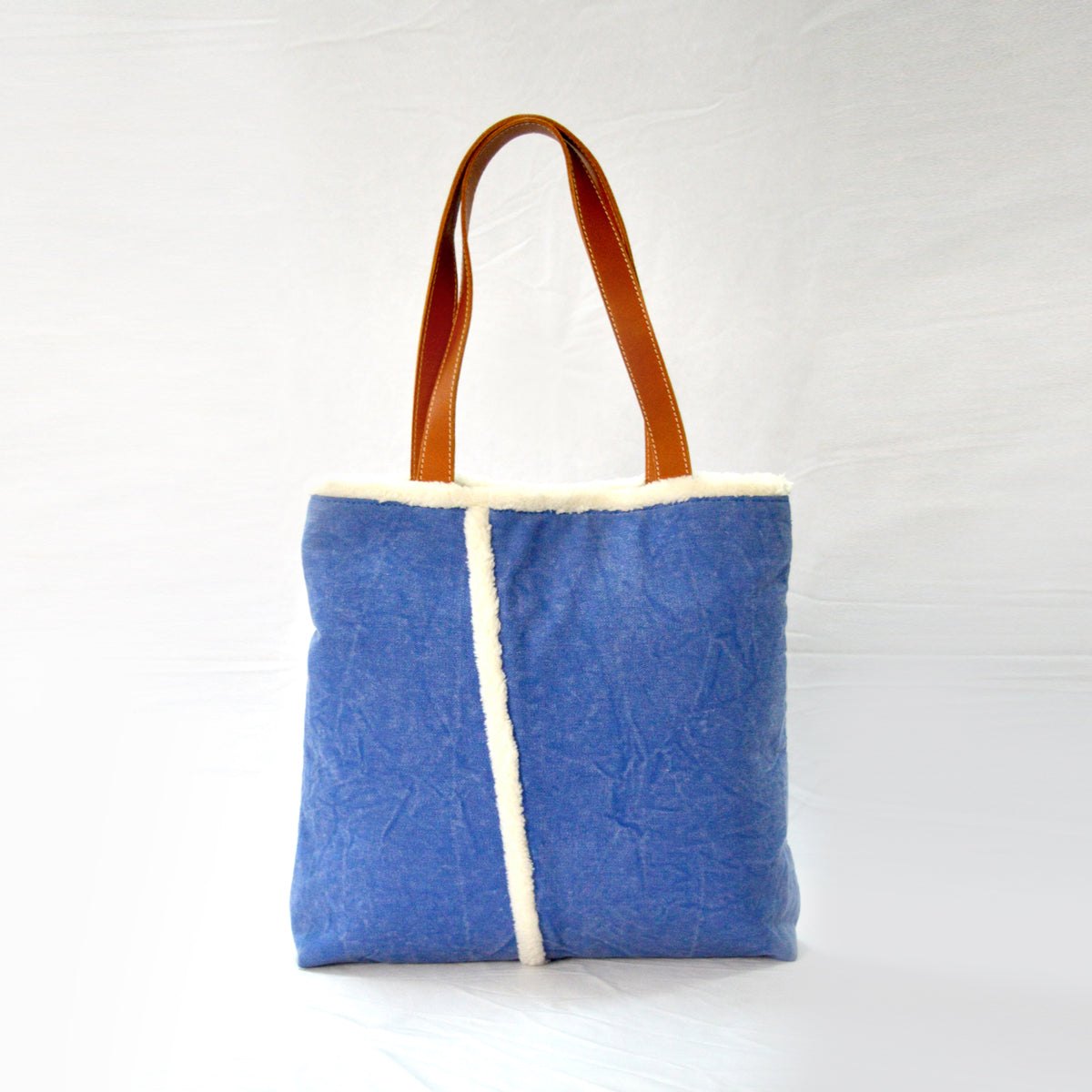 Tote bag - denim blue stonewashed canvas with leather handles