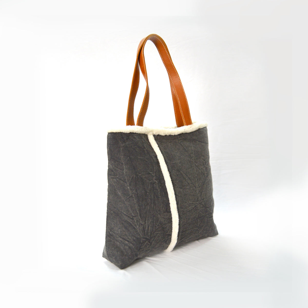 Tote bag - charcoal stonewashed canvas with leather handles