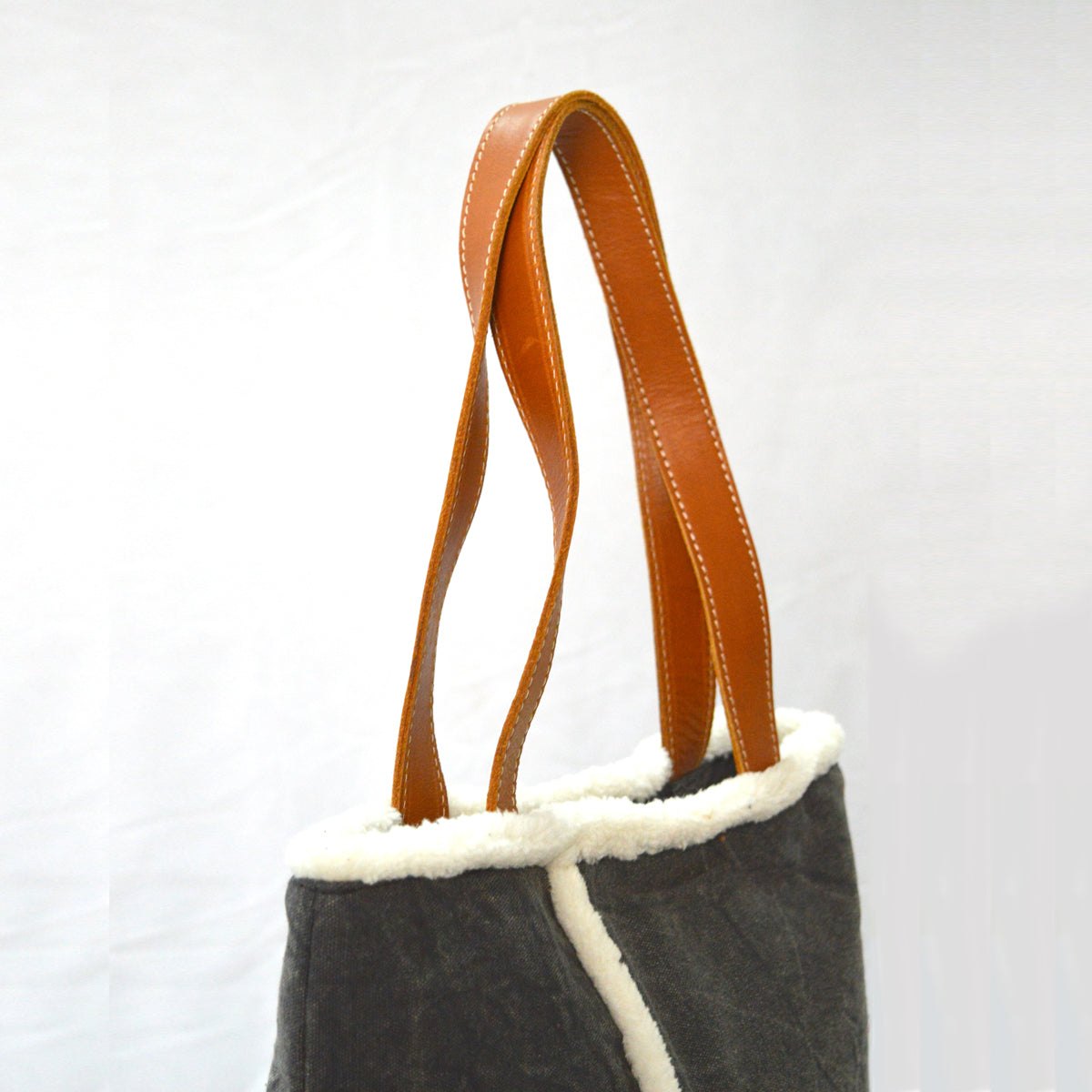 Tote bag - charcoal stonewashed canvas with leather handles
