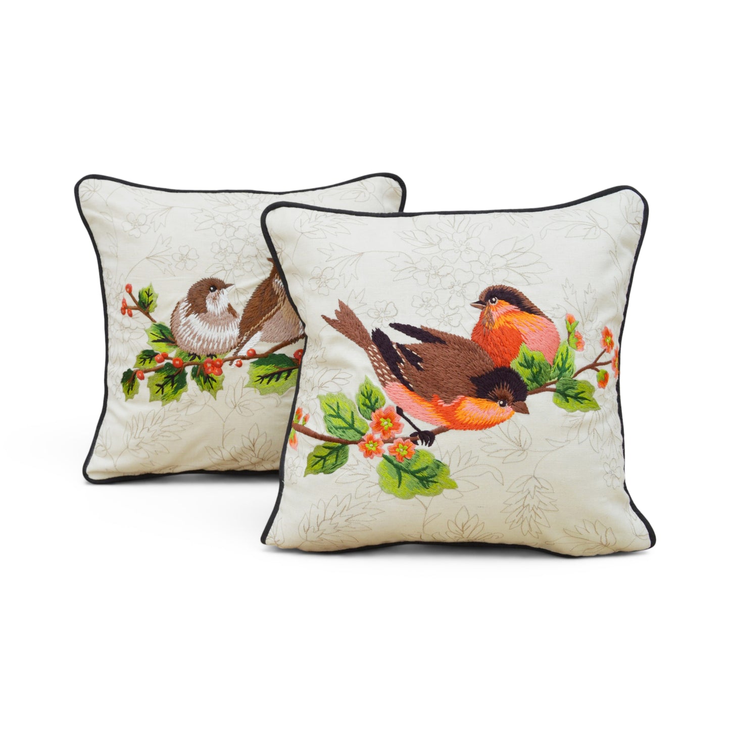 Love Birds Embroidered Cotton Cushion Cover – Off White, 12×12" - Vliving