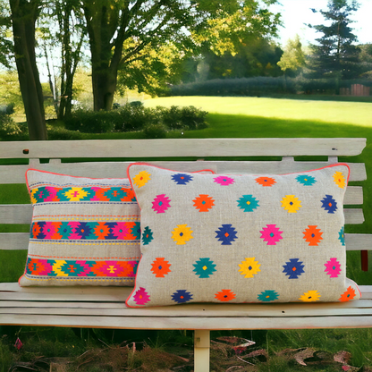 Folk - Colourful bohemian linen pillow cover, embroidered with kilim, peruvian patterns