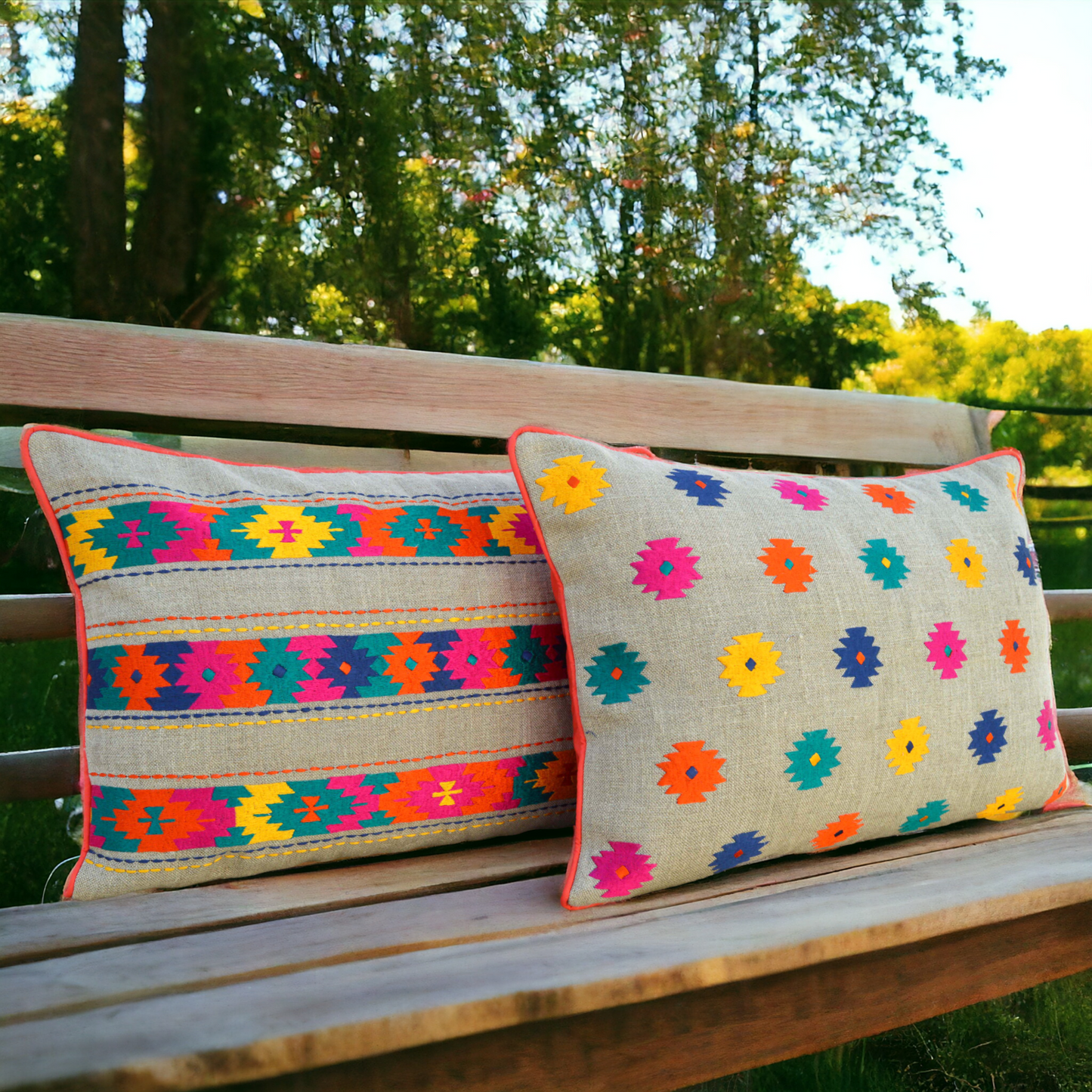 Folk - Colourful bohemian linen pillow cover, embroidered with kilim, peruvian patterns