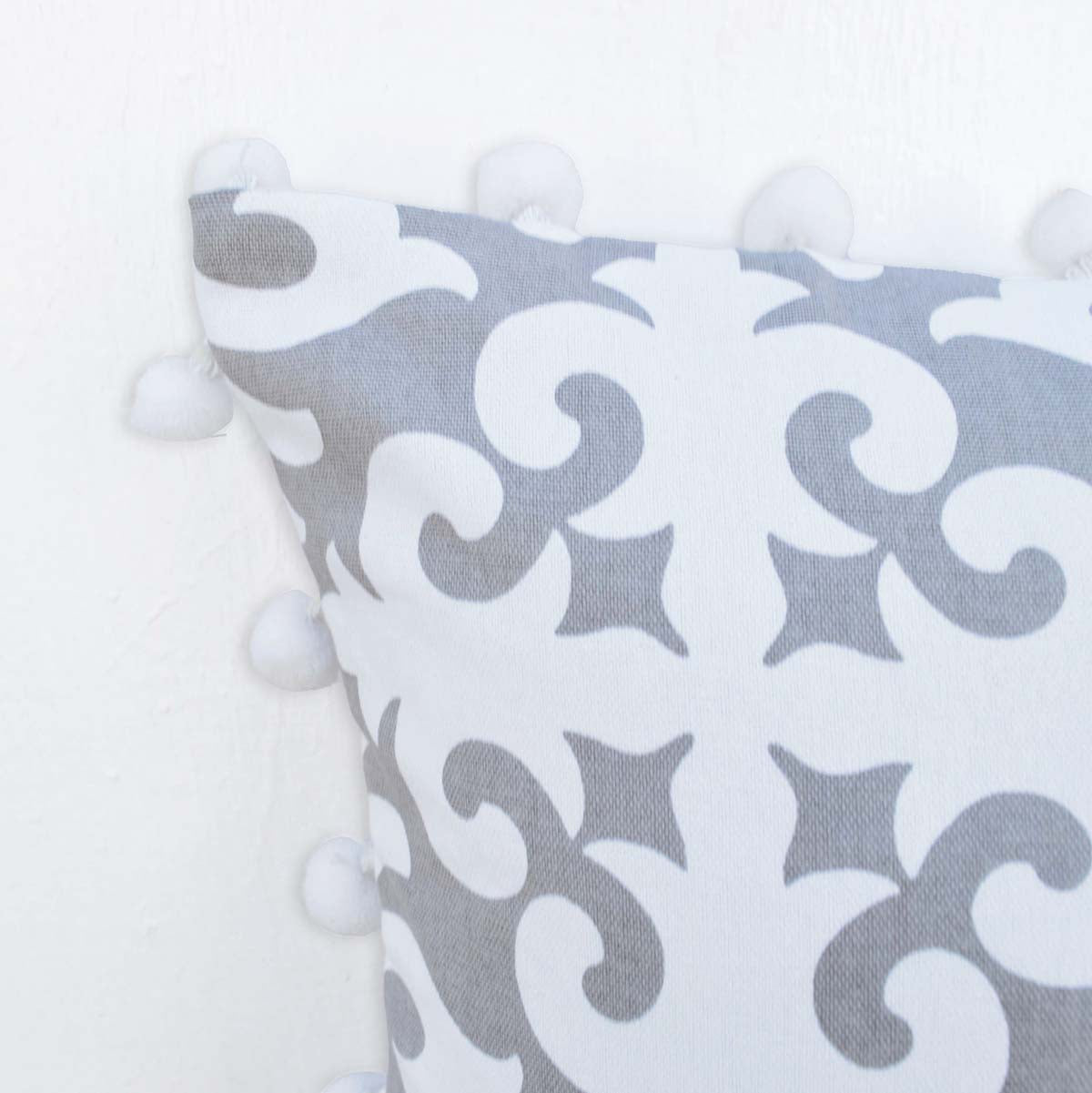 Christmas pillow cover, moroccan print, white pompoms