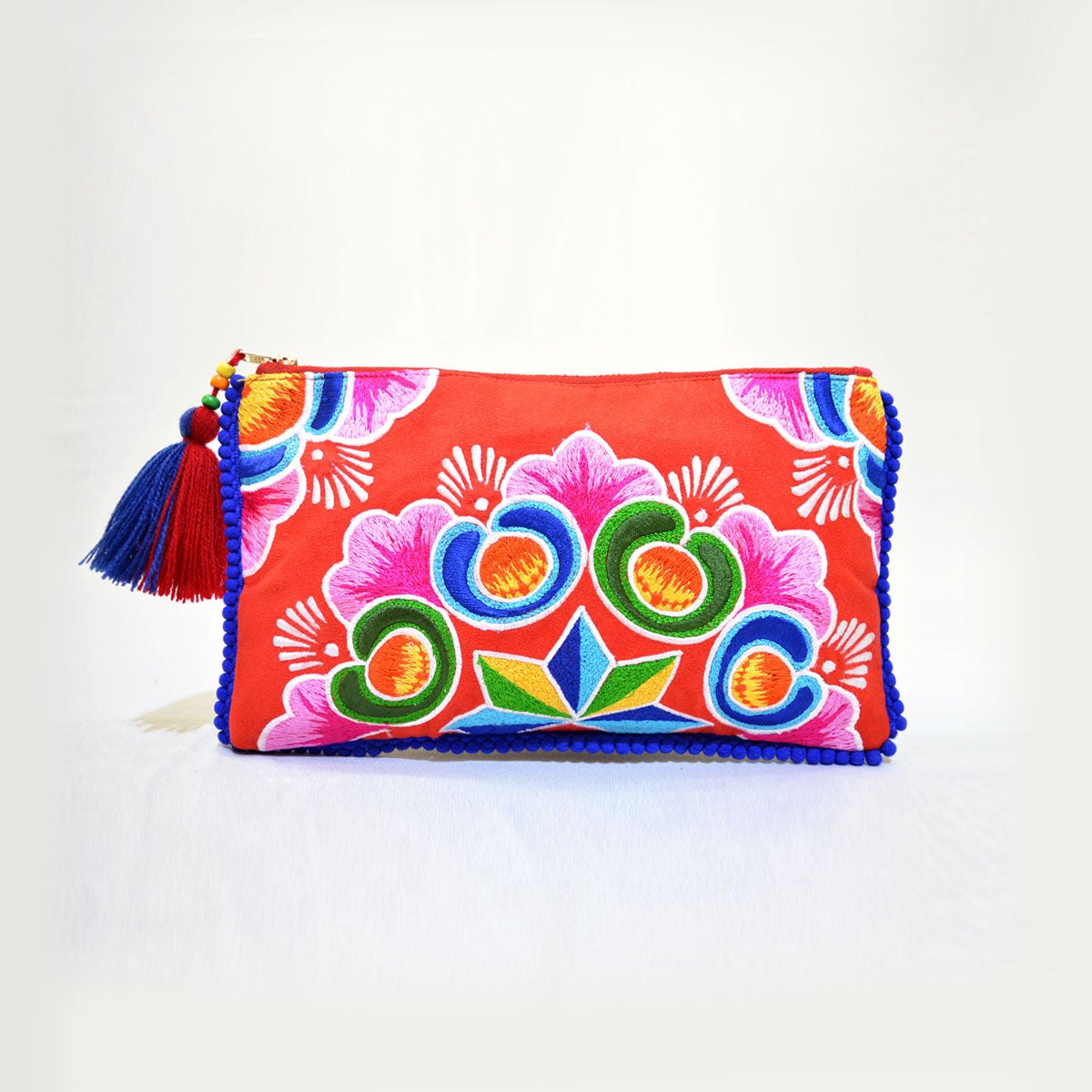 Truck art - mandala embroidery red boho clutch, 5X9 inches