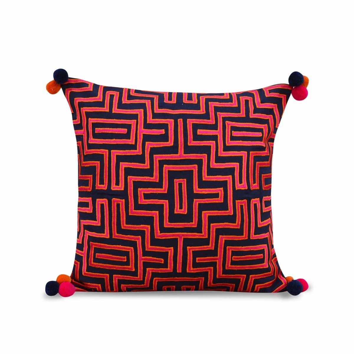 Mola - Pink and blue embroidered cushion cover