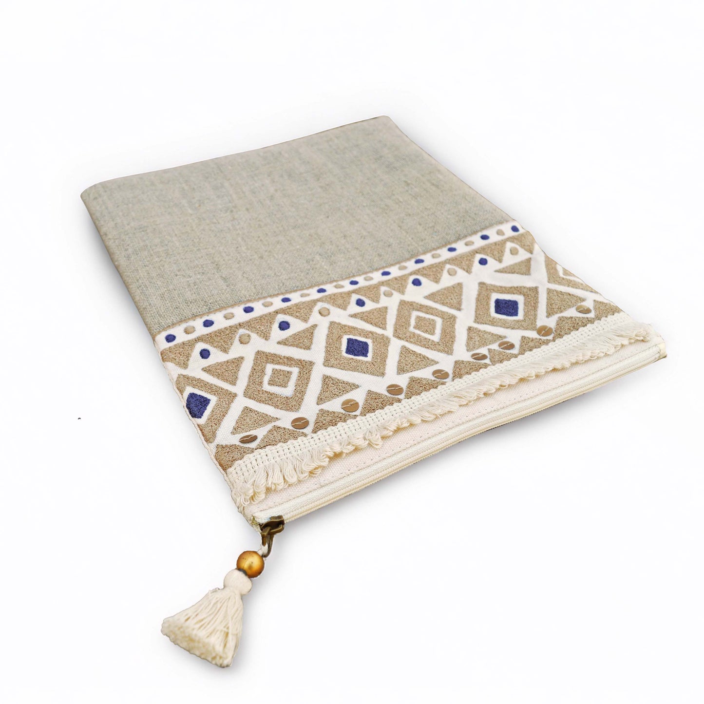 Boho pouch, moroccan, natural color linen bag, foldover embroidered clutch - Vliving