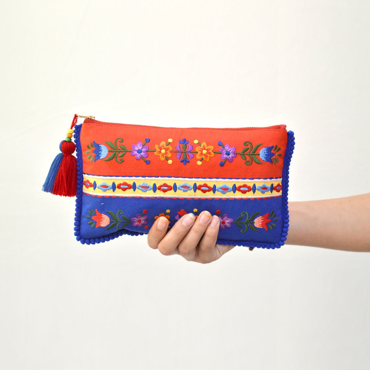 Truck art - Red and blue embroidered pouch, 5X9 inches