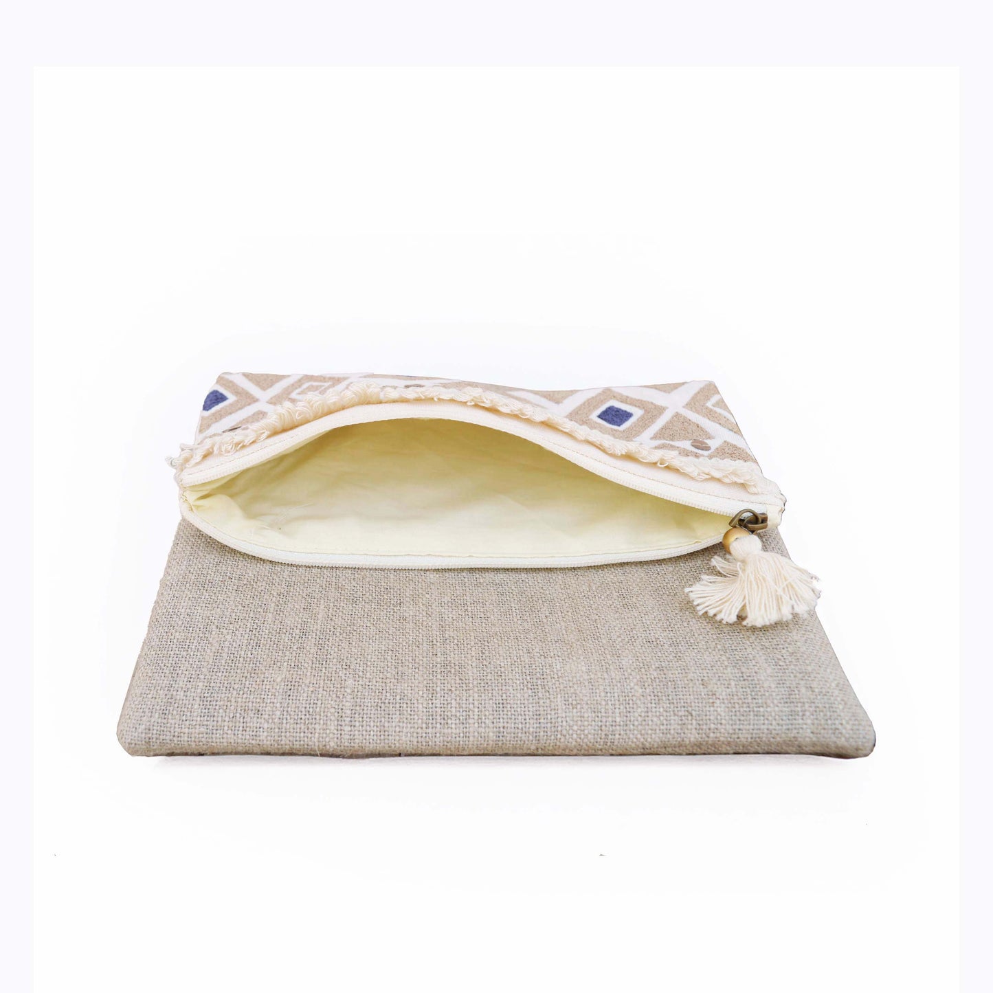 Boho pouch, moroccan, natural color linen bag, foldover embroidered clutch - Vliving