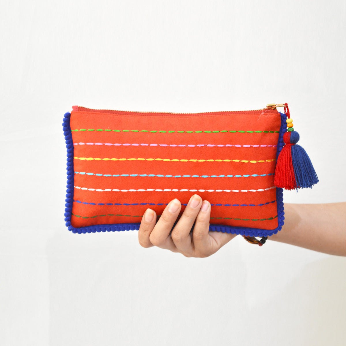 Truck art - Red and blue embroidered pouch, 5X9 inches