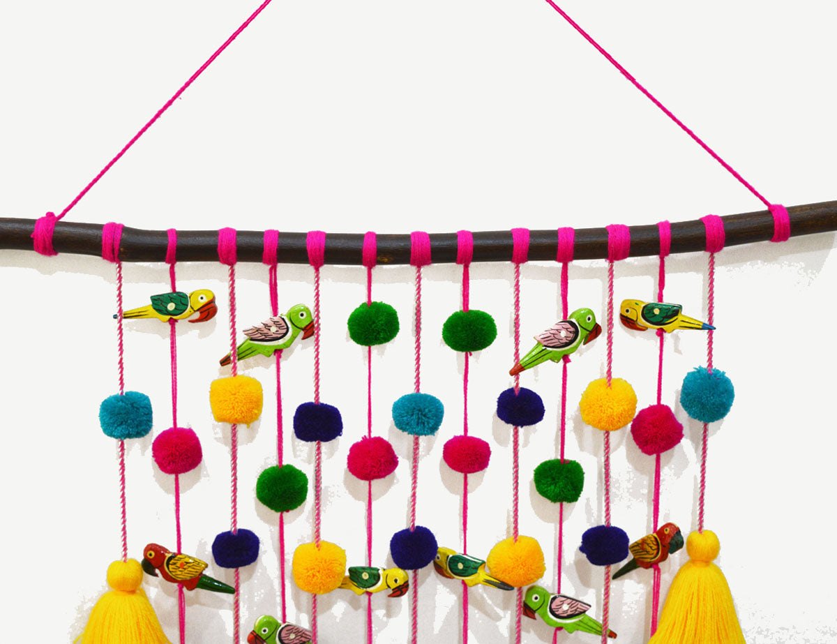 Wall art - tassel, parrot and pompom garland wall hanging