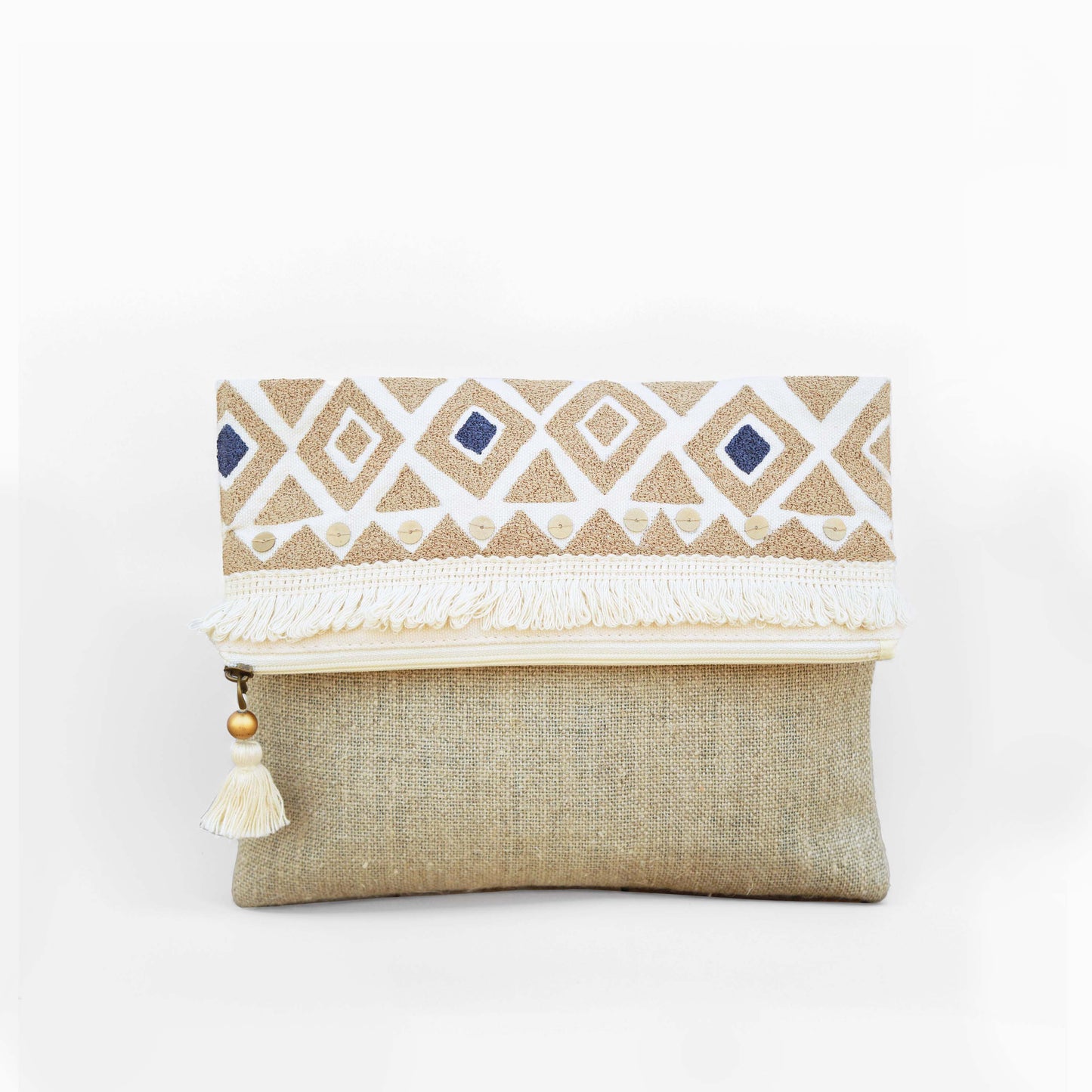 Boho pouch, moroccan, natural color linen bag, foldover embroidered clutch - Vliving