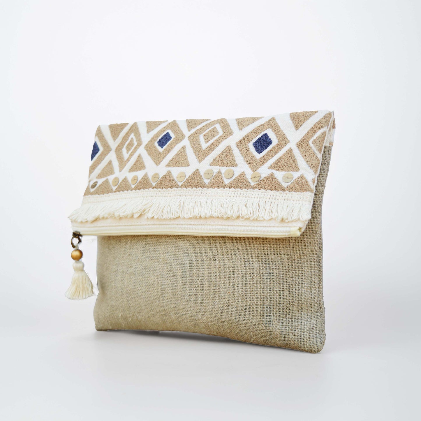 Boho pouch, moroccan, natural color linen bag, foldover embroidered clutch - Vliving