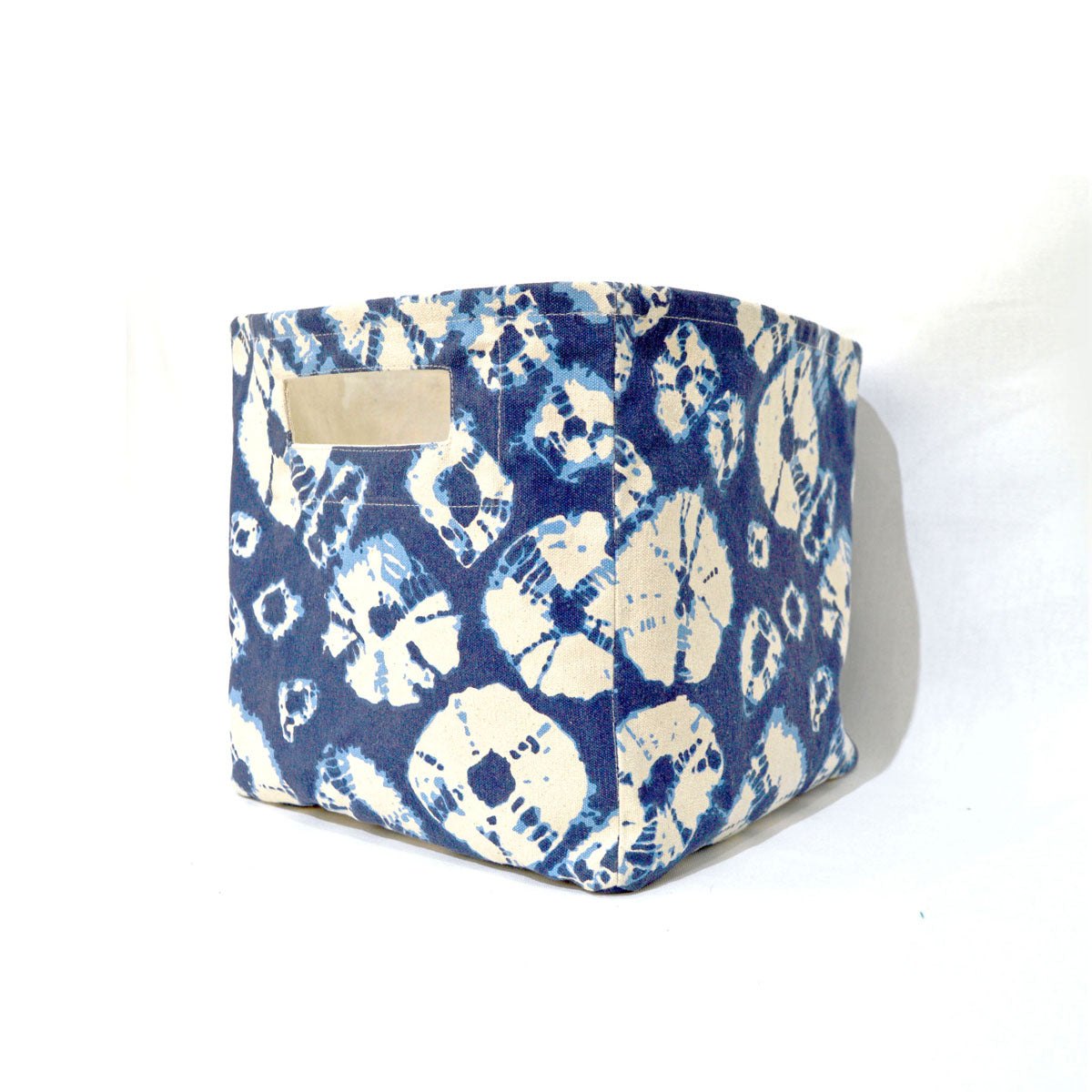 Square Canvas basket, shibori print, diamond pattern, blue and off white, storage basket, fabric bin, sizes available