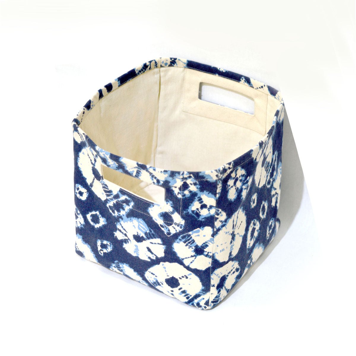Square Canvas basket, shibori print, diamond pattern, blue and off white, storage basket, fabric bin, sizes available