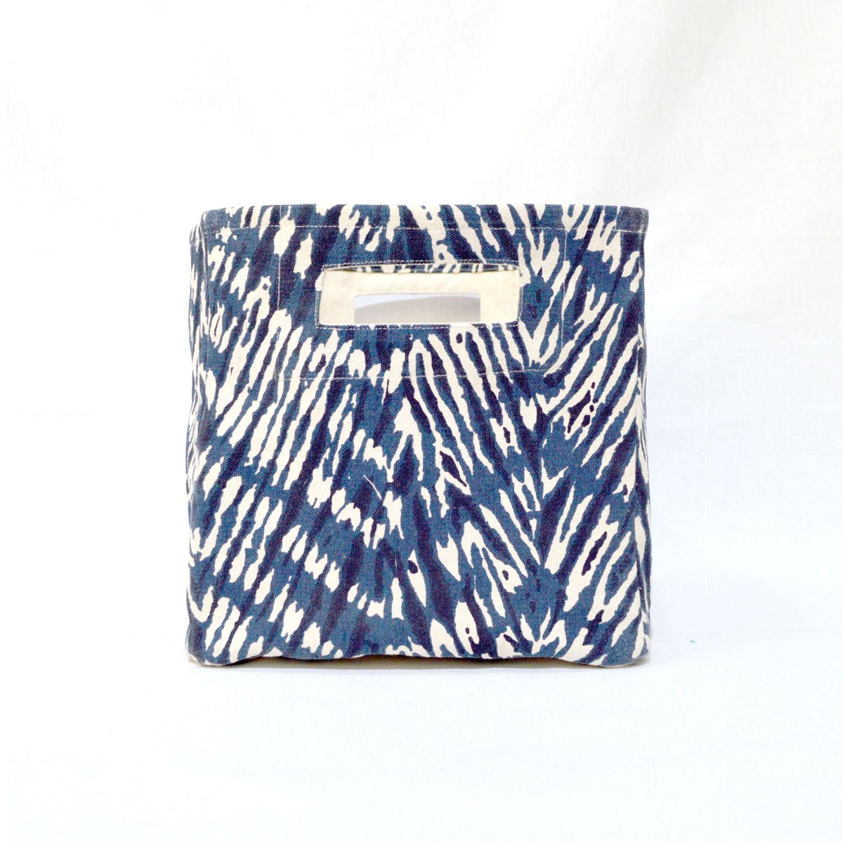 Square Canvas basket, Shibori print, chevron pattern, blue and off white, storage basket, fabric bin, sizes available